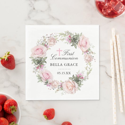 Serviette En Papier Première communion florale rose rustique (En situation)