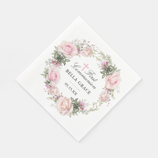 Serviette En Papier Première communion florale rose rustique (Coin)