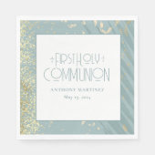 Serviette En Papier Première communion personnalisée Croix d'or bleu (Devant)