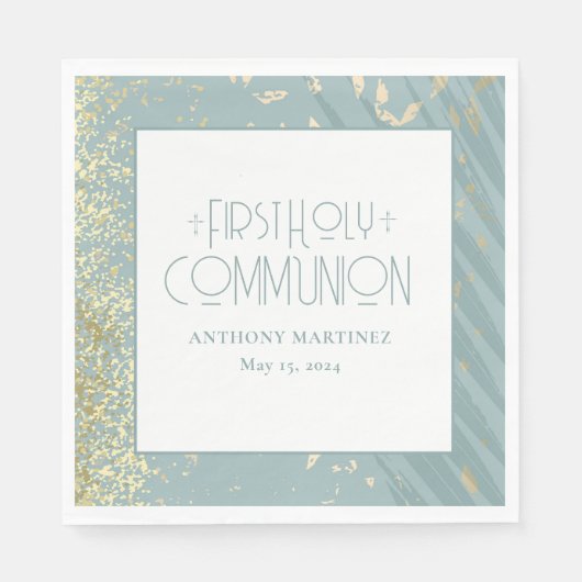 Serviette En Papier Première communion personnalisée Croix d'or bleu (Devant)