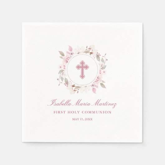 Serviette En Papier Première communion personnalisée modifiable rose f (Devant)