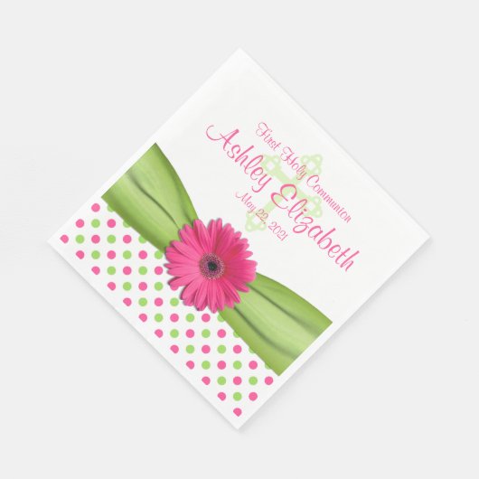 Serviette En Papier Première communion Pois rose verte personnalisée (Coin)