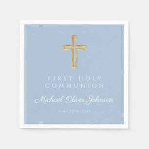 Serviette En Papier Première communion religieuse bleue élégante