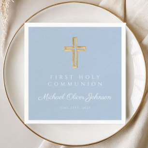 Serviette En Papier Première communion religieuse bleue élégante