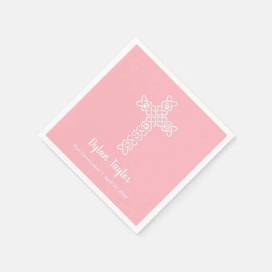 Serviette En Papier Première communion rose croix blanche (Coin)