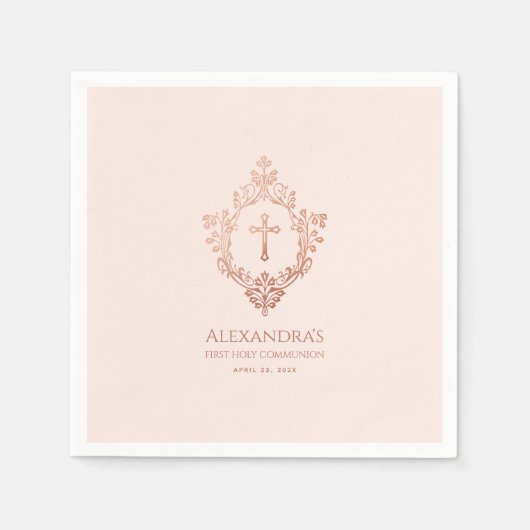 Serviette En Papier Première Communion rose fille Rose Gold Crest Élég (Devant)