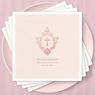 Serviette En Papier Première Communion rose fille Rose Gold Crest Élég