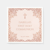 Serviette En Papier Première Communion Rose Rose Gold Feuilles Élégant (Devant)
