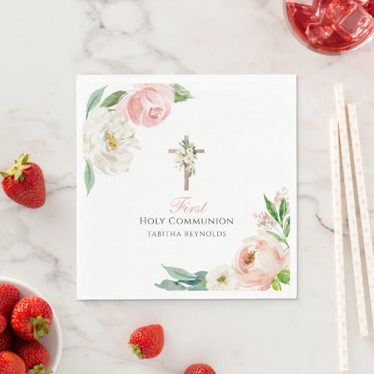 Serviette En Papier Première communion sainte rose pâle (En situation)
