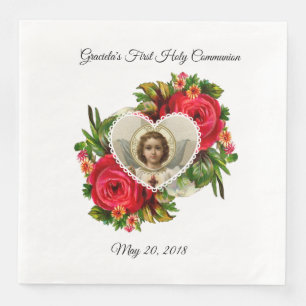 Serviette En Papier Première Communion Sainte Roses Rouges Croix Jésus