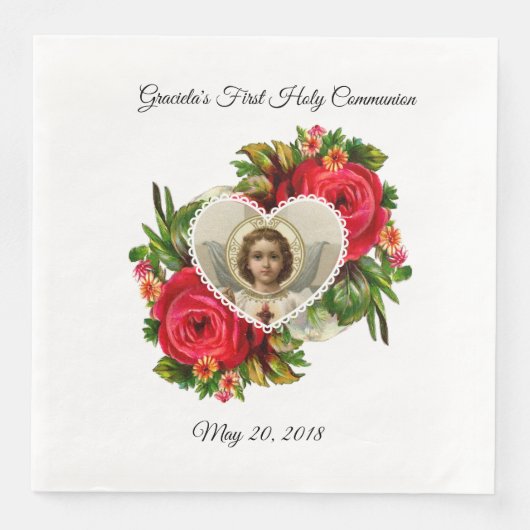 Serviette En Papier Première Communion Sainte Roses Rouges Croix Jésus (Devant)