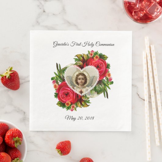 Serviette En Papier Première Communion Sainte Roses Rouges Croix Jésus (En situation)