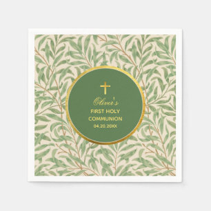 Serviette En Papier Première Communion Vert Faux Or Feuillage Vert