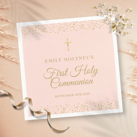 Serviette En Papier Première Communion Vierge Pink Or Poussière servie