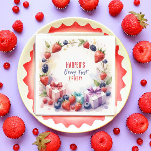 Serviette En Papier Première fête de fraises d'anniversaire du Berry d