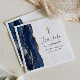 Serviette En Papier Première Sainte Communion Agate Bleu Marine Or