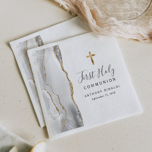 Serviette En Papier Première Sainte Communion Agate Or Blanc Gris