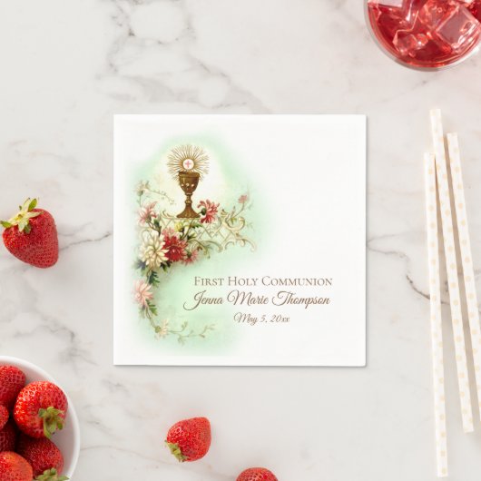 Serviette En Papier Première Sainte Communion Chalice Hôte Fleurs Vint (En situation)