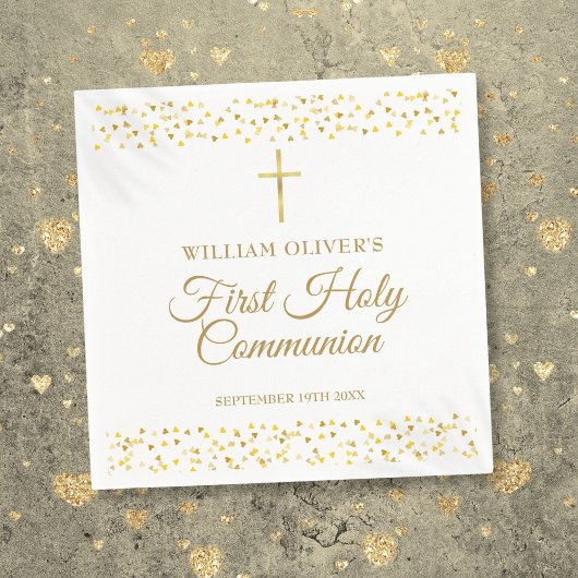 Serviette En Papier Première Sainte Communion Cœurs Dorés Modernes