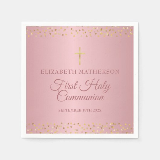 Serviette En Papier Première Sainte Communion Cœurs Or Rose (Devant)