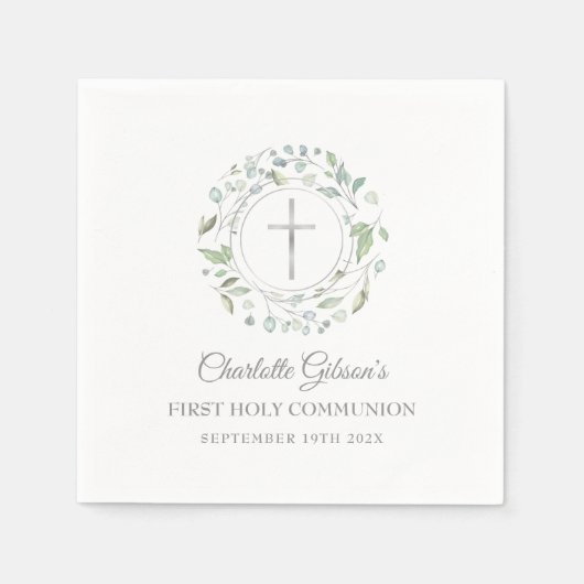 Serviette En Papier Première Sainte Communion Croix d'argent verte (Devant)