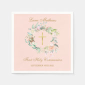 Serviette En Papier Première Sainte Communion Croix d'or Floral Blush  (Devant)