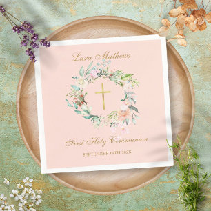 Serviette En Papier Première Sainte Communion Croix d'or Floral Blush 
