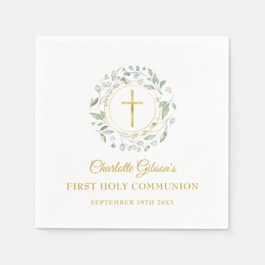 Serviette En Papier Première Sainte Communion Croix d'or Verdure (Devant)