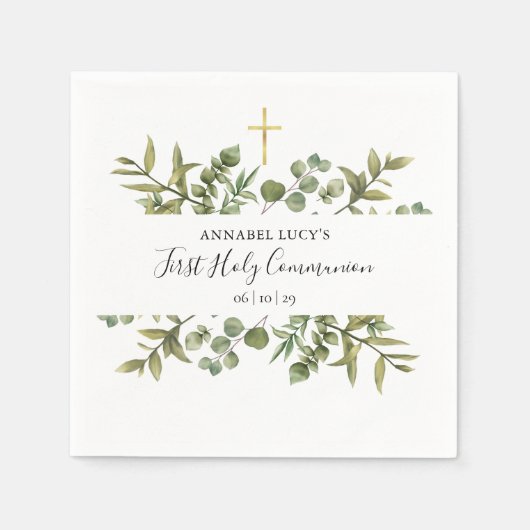 Serviette En Papier Première Sainte Communion Croix d'or Verdure (Devant)