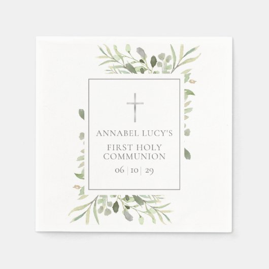 Serviette En Papier Première Sainte Communion de verdure à l'aquarelle (Devant)