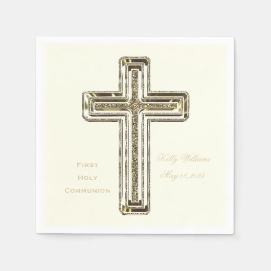 Serviette En Papier Première Sainte Communion Elégante Croix d'Or (Devant)