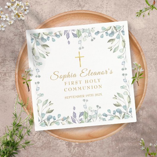Serviette En Papier Première Sainte Communion florale à l'aquarelle
