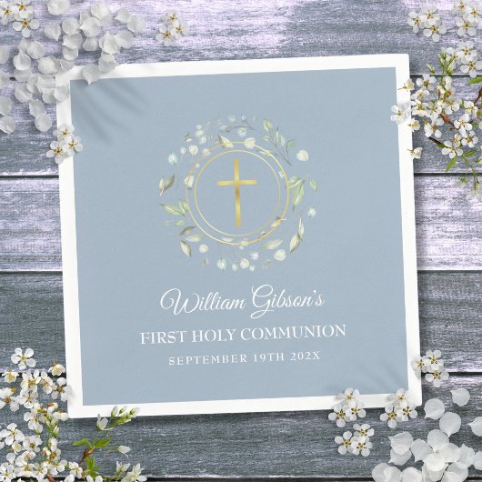 Serviette En Papier Première Sainte Communion Or Vert Feuillage Bleu P