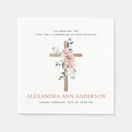 Serviette En Papier Première Sainte Communion Rose Dusty (Devant)