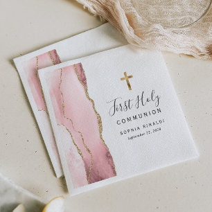 Serviette En Papier Première Sainte Communion Rose Pâle Agate Or