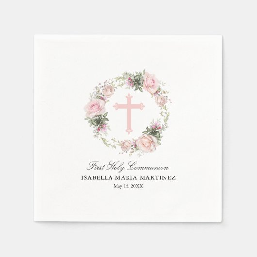 Serviette En Papier Première Sainte Communion Rose Rose Rose Rose Croi (Devant)