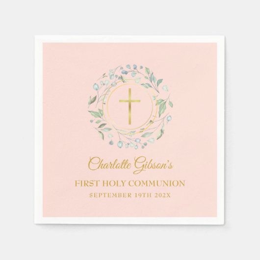 Serviette En Papier Première Sainte Communion Verdure Rouge Or rose (Devant)