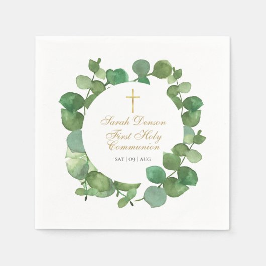 Serviette En Papier Première Sainte Communion Vert Moderne Floral (Devant)