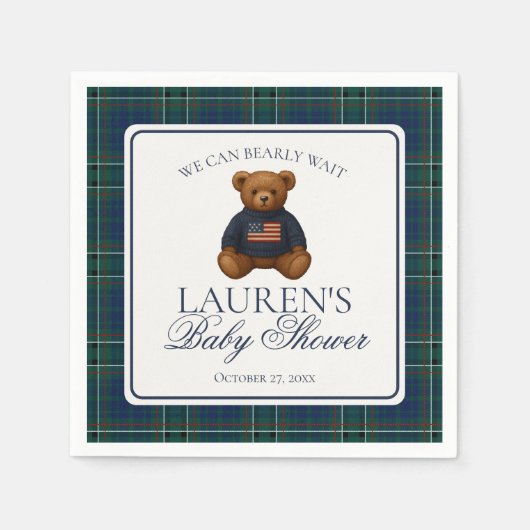 Serviette En Papier Preppy Bear Tartan Pattern Boy Baby Shower (Devant)