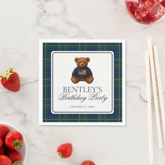 Serviette En Papier Preppy Bear Tartan Pattern Boy Birthday Party (En situation)