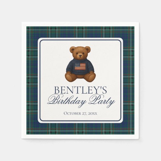 Serviette En Papier Preppy Bear Tartan Pattern Boy Birthday Party (Devant)
