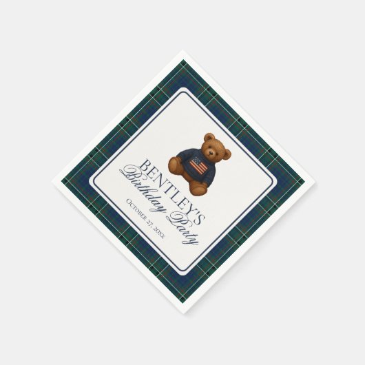Serviette En Papier Preppy Bear Tartan Pattern Boy Birthday Party (Coin)