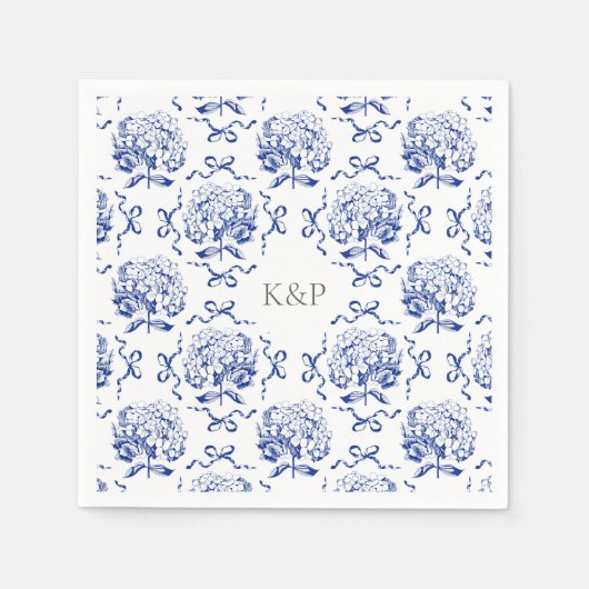 Serviette En Papier Preppy Blue Toile Hydrangea Bow avec nom (Devant)