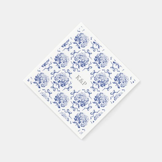 Serviette En Papier Preppy Blue Toile Hydrangea Bow avec nom (Coin)