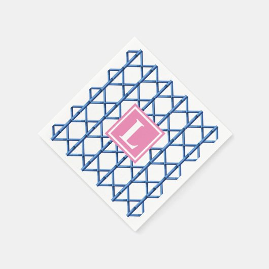 Serviette En Papier Preppy Blue Trellis Bamboo Motif Monogramme (Coin)