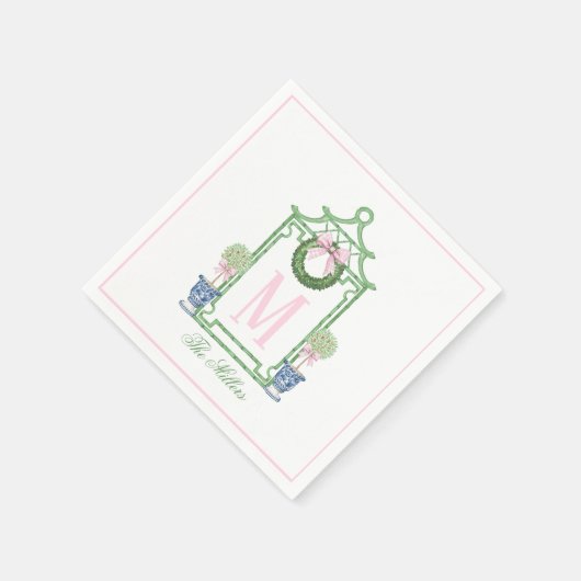 Serviette En Papier Preppy Chinoiserie Pagode de Noël Monogramme (Coin)