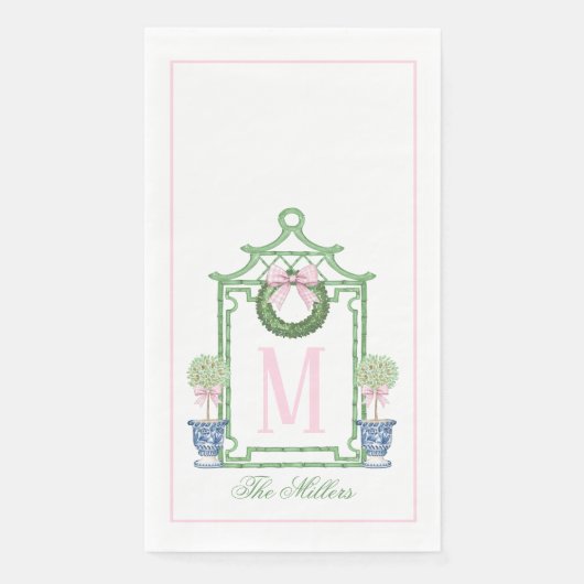 Serviette En Papier Preppy Chinoiserie Pagode de Noël Monogramme (Devant)