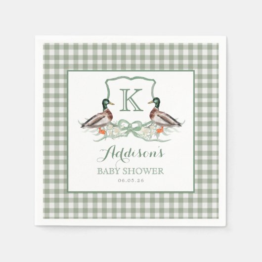 Serviette En Papier Preppy Duck En vichy Crest Baby shower Invitation (Devant)