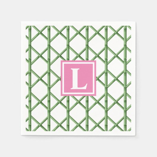 Serviette En Papier Preppy Green Trellis Bamboo Motif Monogramme (Devant)