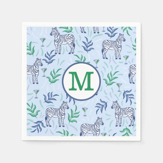 Serviette En Papier Preppy Navy Zebra Martinis Blue Monogram (Devant)